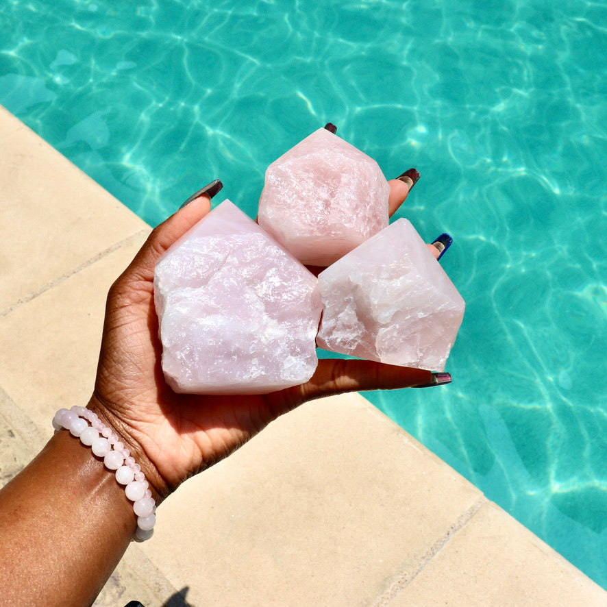 large rose quartz standing point with cut base