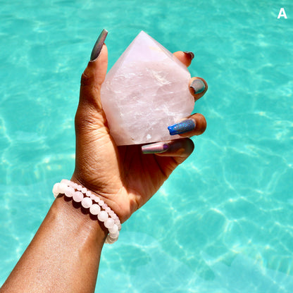 large rose quartz standing point with cut base