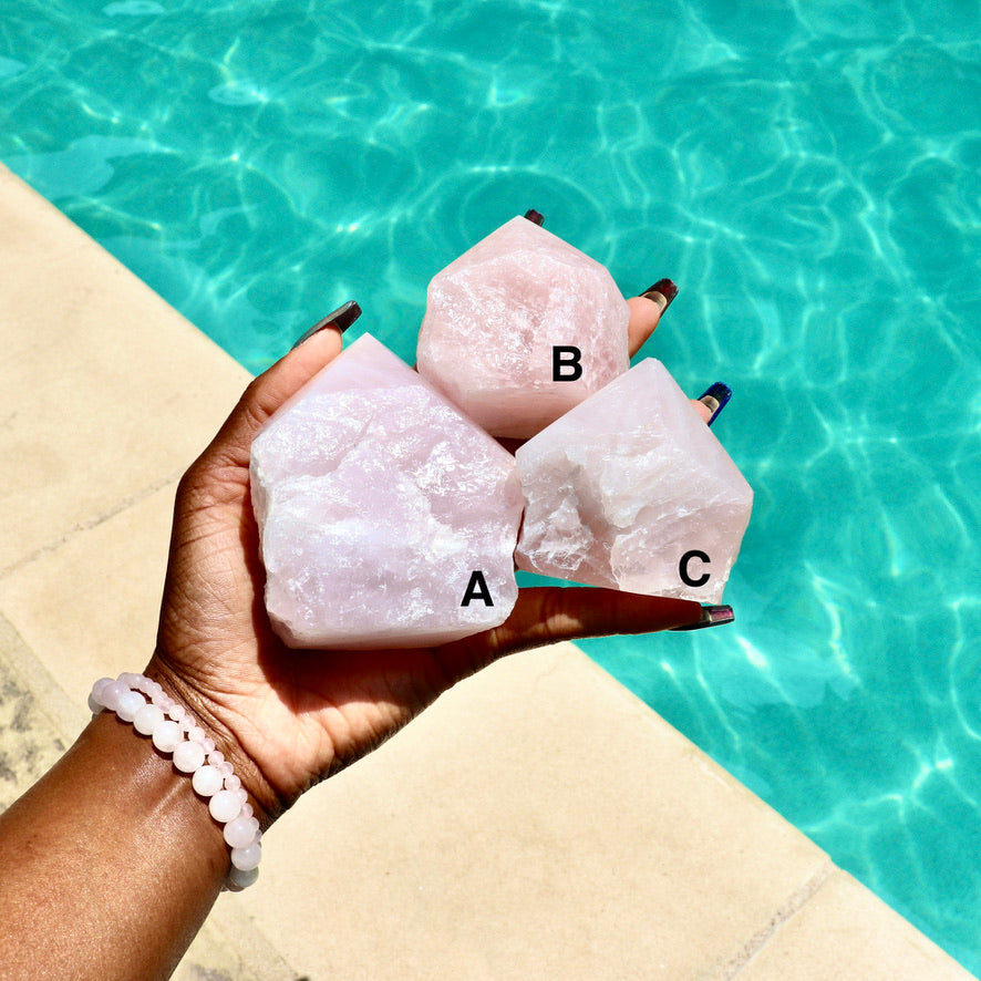 large rose quartz standing point with cut base