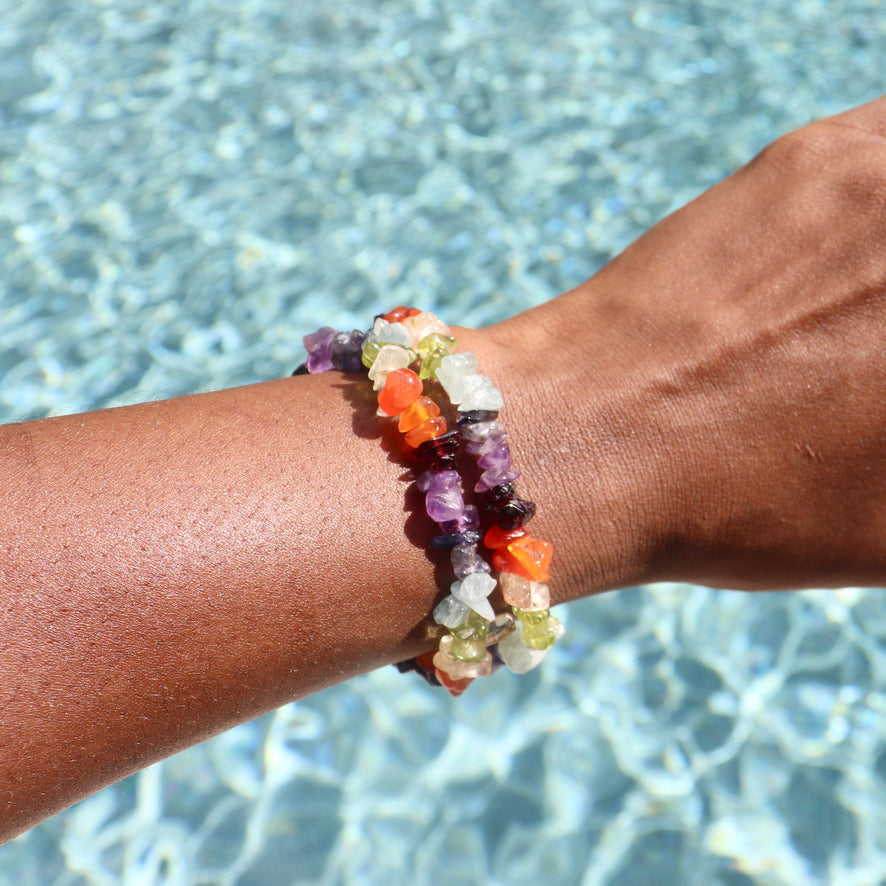 7 chakra black tourmaline rainbow moonstone crystal chip bracelet with lava beads