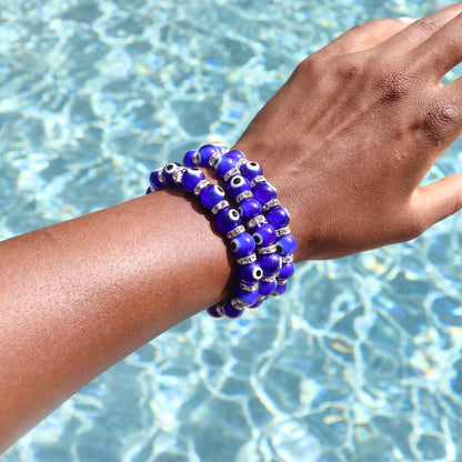 Evil Eye Elastic Protection Bracelet made with glass beads cobalt blue