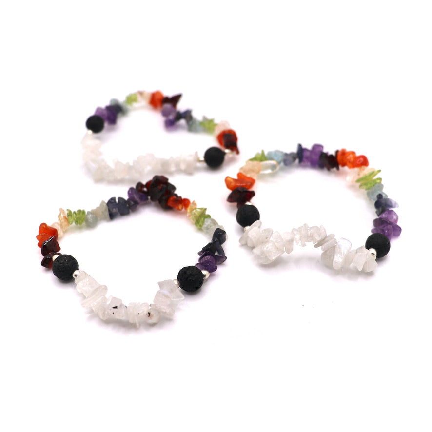 7 chakra rainbow moonstone crystal chip bracelet with lava beads