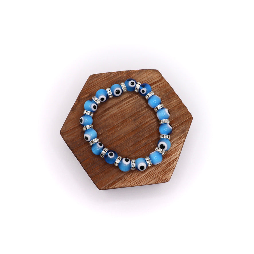 Evil Eye Elastic Protection Bracelet made with glass beads aqua blue