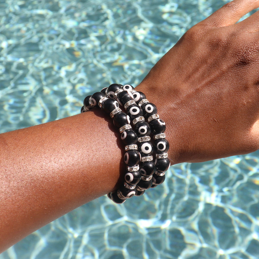 Evil Eye Elastic Protection Bracelet made with glass beads black