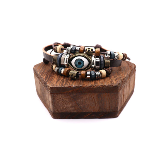 black brown evil eye leather adjustable bracelet with charms