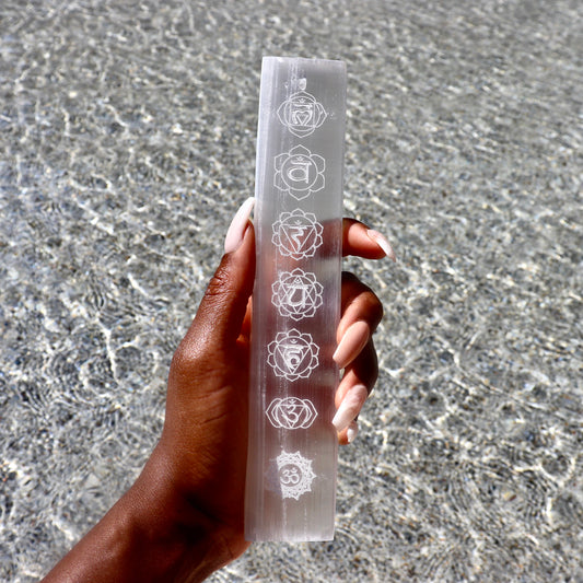 10.5" inch Selenite Incense Holder with Chakra Symbols Selenite Charging Plate