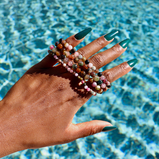 Pink Mix Tourmaline Elastic Bracelet (4 mm or 5-7 mm Round Gemstones)