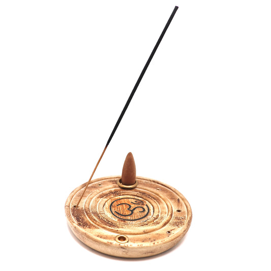 wooden om incense stick and cone burner with brass inlays