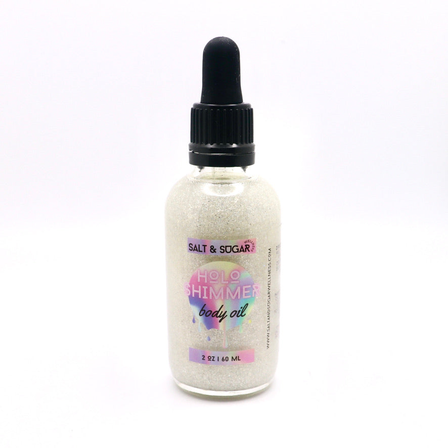 salt and sugar wellness holo holographic silver shimmer body oil 2 ounces 60 mL