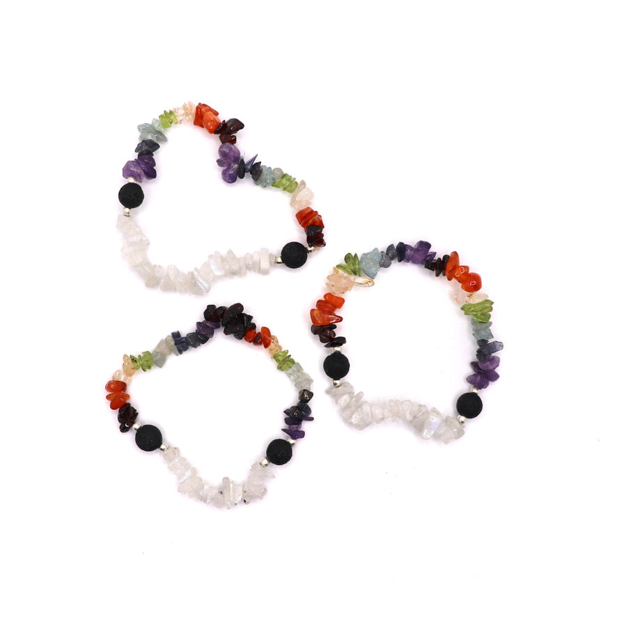 7 chakra rainbow moonstone crystal chip bracelet with lava beads