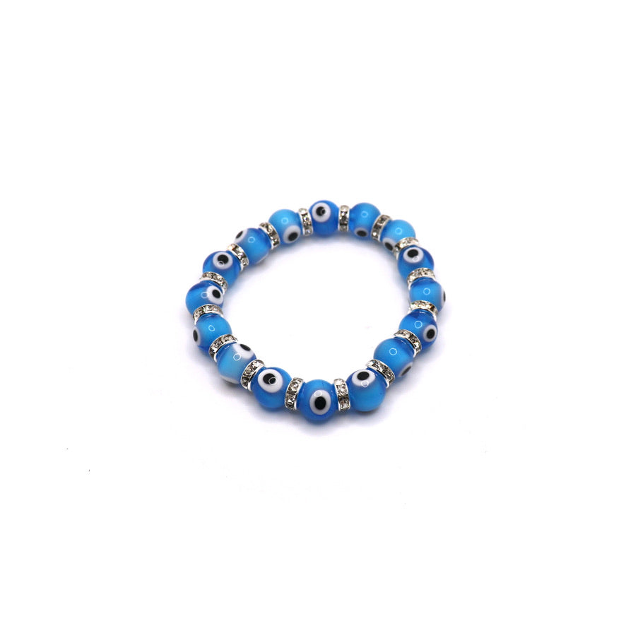 Evil Eye Elastic Protection Bracelet made with glass beads aqua blue